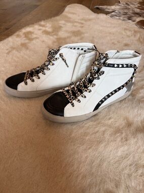 ShuShop White and Black High-Top Sneakers with Leopard Laces